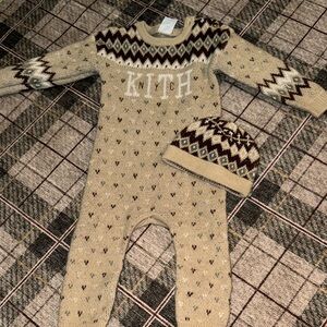 Beige Knit kith Baby One-Piece with Matching Hat